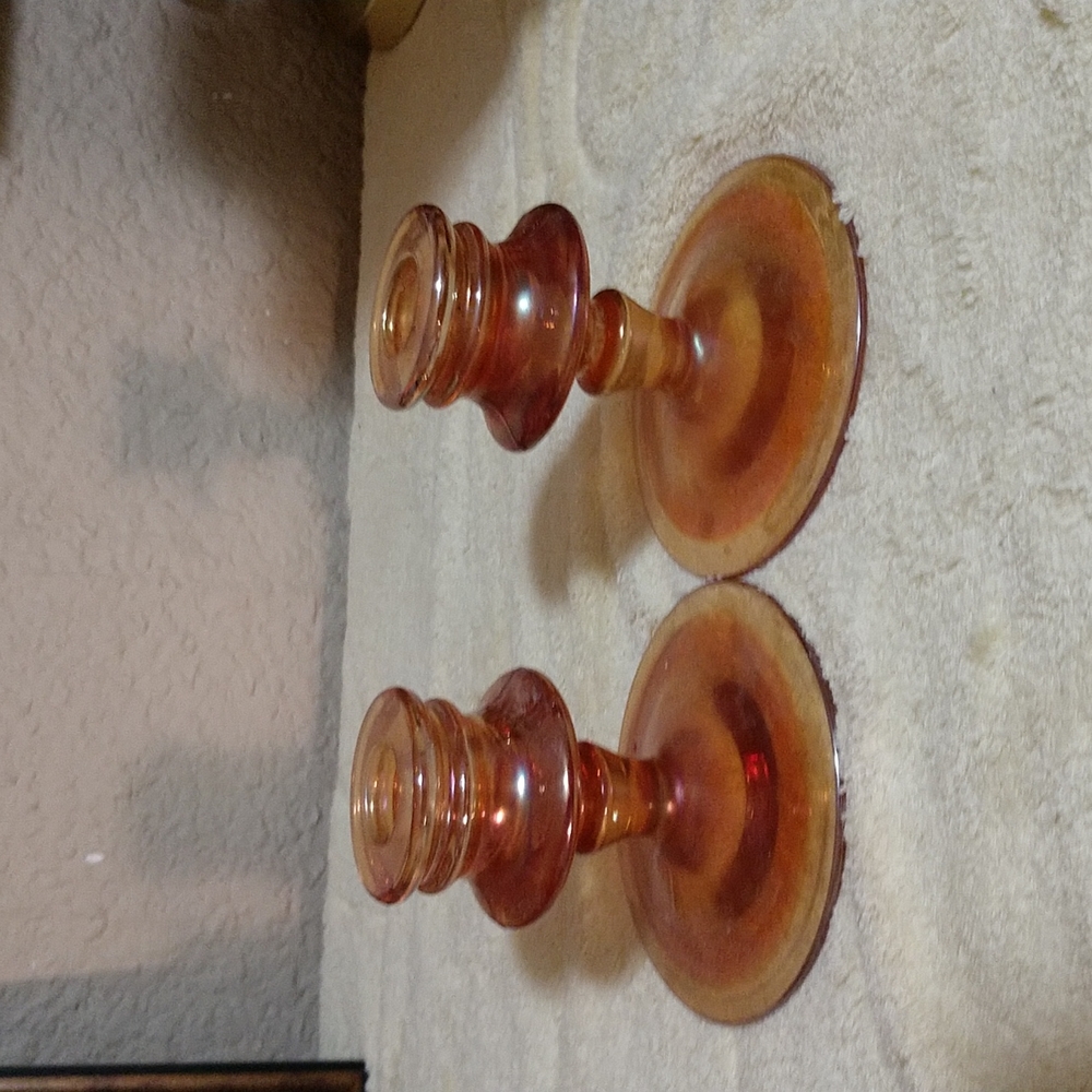 SOLD Vintage Depression Glass Amber Candlestick holders set of 2 - Picture 3 of 8